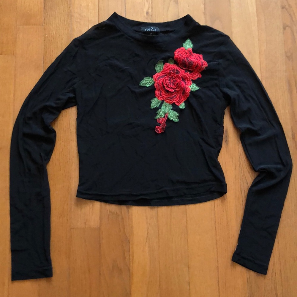 Rue 21 Sheer Long Sleeve Crop Top with Rose design